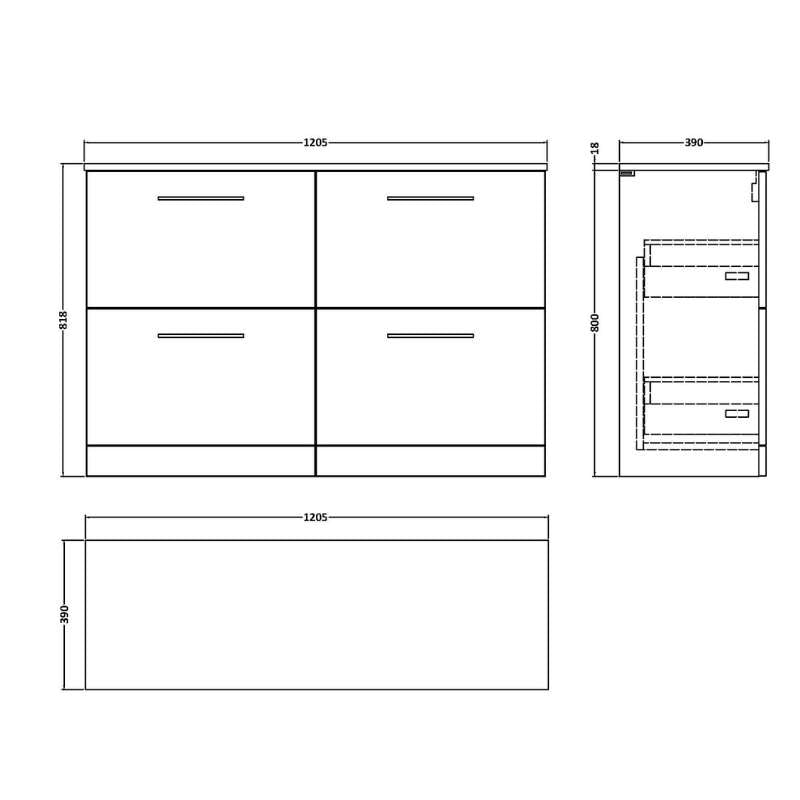 Nuie Arno Floor Standing 4 Drawer Vanity & Worktop (1 size, 9 colours) - Brand New Bathrooms