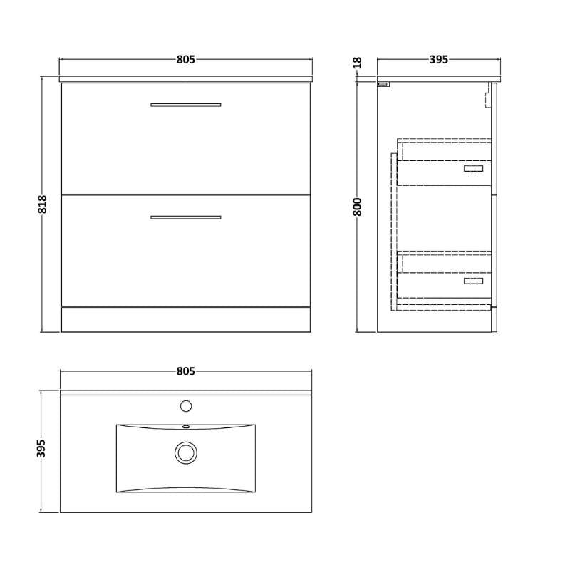 Nuie Arno Floor Standing 2 Drawer Vanity & Basin 2 (1 size, 8 colours) - Brand New Bathrooms