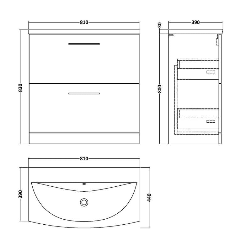 Nuie Arno Floor Standing 2 Drawer Vanity & Basin 4 (1 size, 9 colours) - Brand New Bathrooms