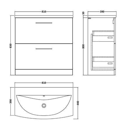 Nuie Arno Floor Standing 2 Drawer Vanity & Basin 4 (1 size, 9 colours) - Brand New Bathrooms