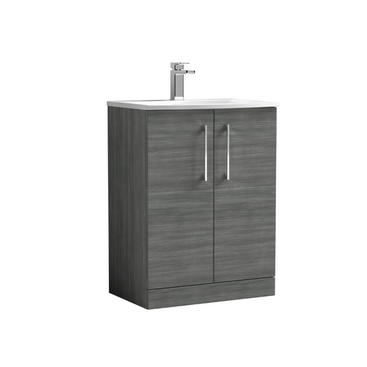 Nuie Arno 600mm Floor Standing 2-Door Vanity & Curved Basin 4 (1 size, Anthracite Woodgrain) - Brand New Bathrooms