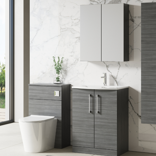 Nuie Arno 600mm Floor Standing 2-Door Vanity & Curved Basin 4 (1 size, Anthracite Woodgrain) - Brand New Bathrooms