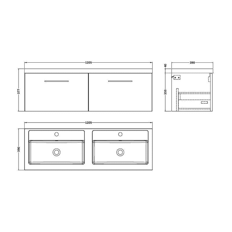 Nuie Arno Wall Hung 2 Drawer Vanity & Double Basin (1 size, 9 colours) - Brand New Bathrooms