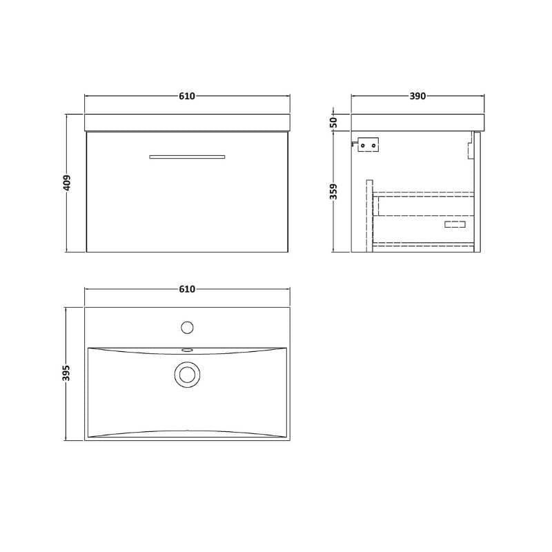 Nuie Arno Wall Hung 1 Drawer Vanity & Basin 3 (1 size, 9 colours) - Brand New Bathrooms
