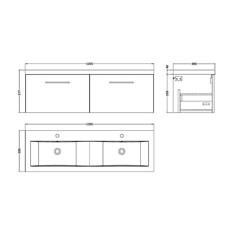 Nuie Arno Wall Hung 2-Drawer Vanity & Double Basin (1 size, 9 colours) - Brand New Bathrooms