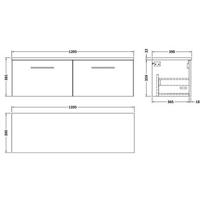 Nuie Arno 1200mm Wall Hung 2-Drawer Vanity & Laminate Worktop (1 size, Anthracite Woodgrain) - Brand New Bathrooms