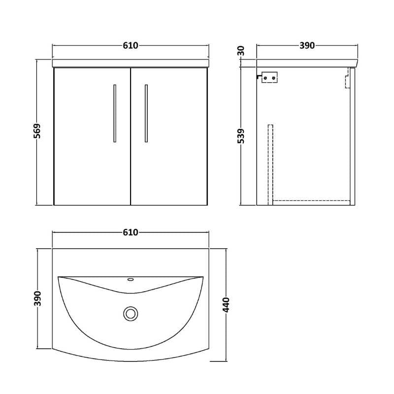 Nuie Arno Wall Hung 2-Door Vanity & Curved Basin (1 size, 8 colours) - Brand New Bathrooms