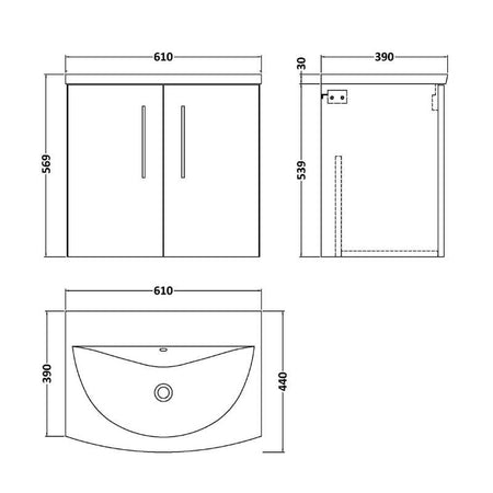 Nuie Arno Wall Hung 2-Door Vanity & Curved Basin (1 size, 8 colours) - Brand New Bathrooms