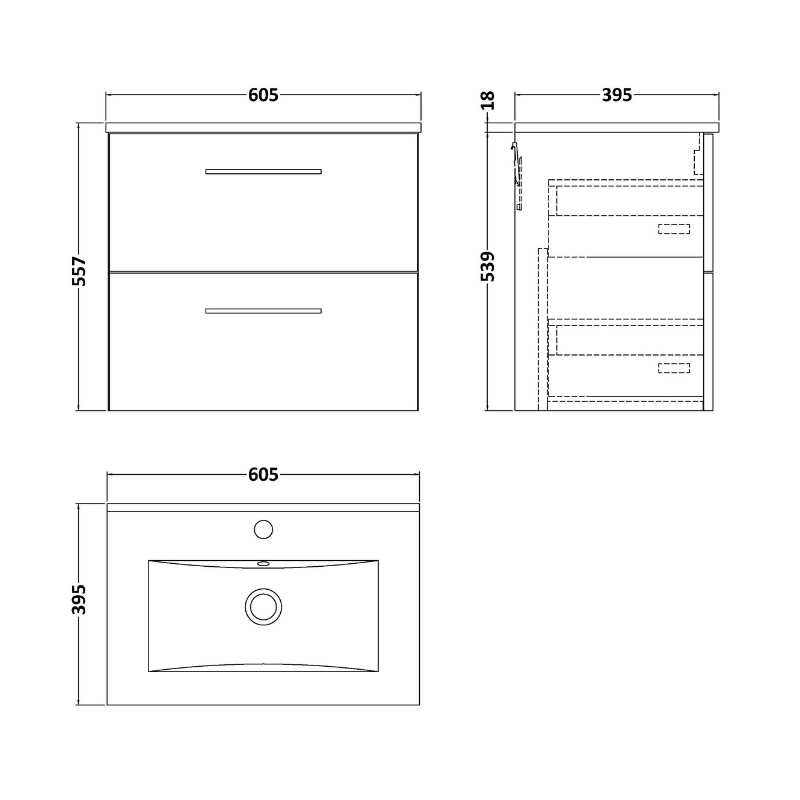 Nuie Arno Wall Hung 2 Drawer Vanity & Basin 2 (1 size, 9 colours) - Brand New Bathrooms