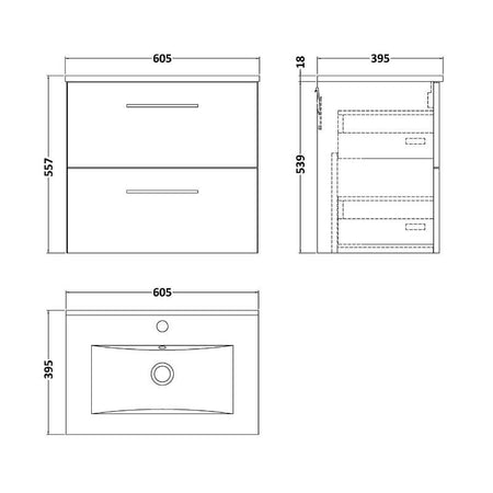 Nuie Arno Wall Hung 2 Drawer Vanity & Basin 2 (1 size, 9 colours) - Brand New Bathrooms