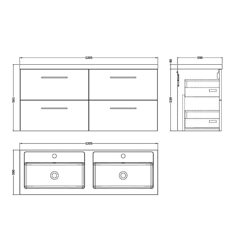 Nuie Arno Wall Hung 4 Drawer Vanity & Double Basin (1 size, 9 colours) - Brand New Bathrooms