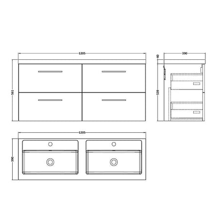 Nuie Arno Wall Hung 4 Drawer Vanity & Double Basin (1 size, 9 colours) - Brand New Bathrooms
