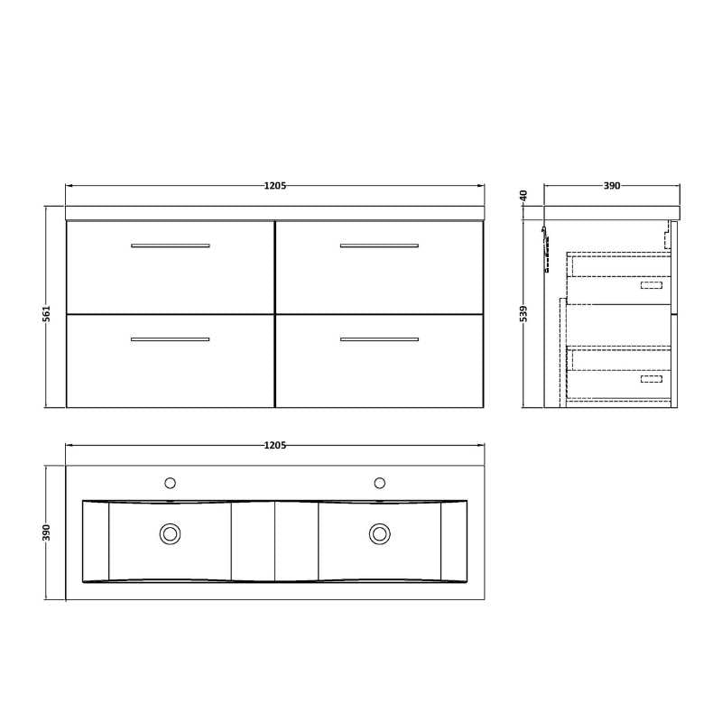 Nuie Arno Wall Hung 4 Drawer Vanity & Double Basin (1 size, 9 colours) - Brand New Bathrooms
