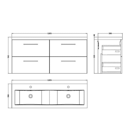 Nuie Arno Wall Hung 4 Drawer Vanity & Double Basin (1 size, 9 colours) - Brand New Bathrooms