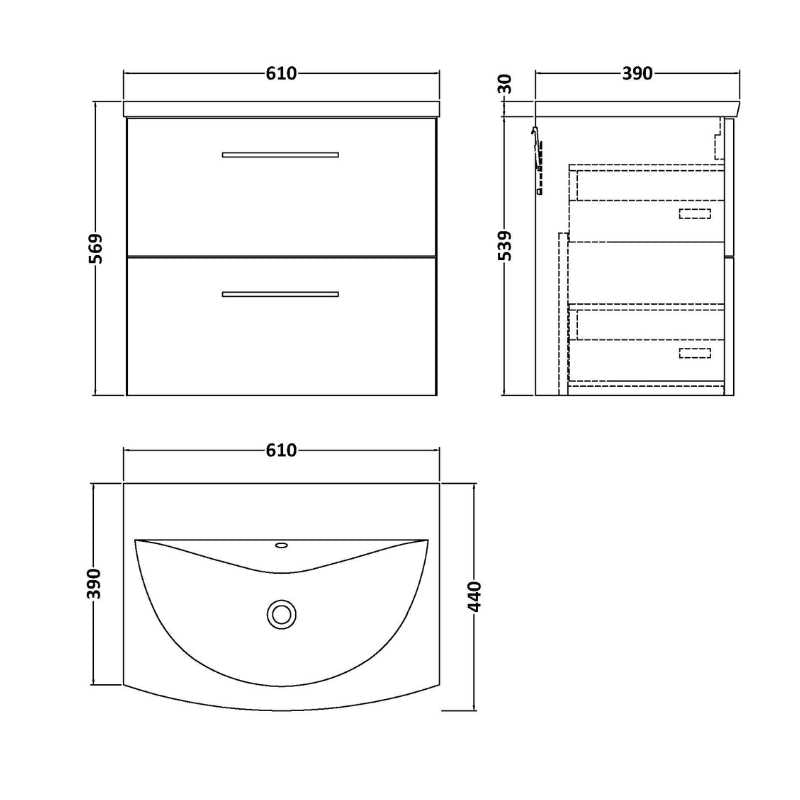 Nuie Arno Wall Hung 2 Drawer Vanity & Basin 4 (1 size, 9 colours) - Brand New Bathrooms