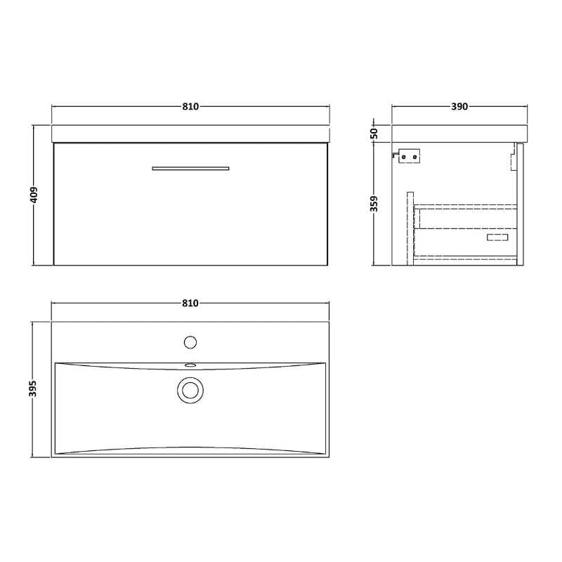 Nuie Arno Wall Hung 1 Drawer Vanity & Basin 3 (1 size, 9 colours) - Brand New Bathrooms
