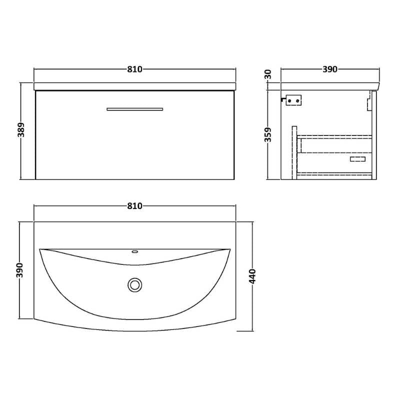 Nuie Arno Wall Hung 1 Drawer Vanity & Basin 4 (1 size, 9 colours) - Brand New Bathrooms
