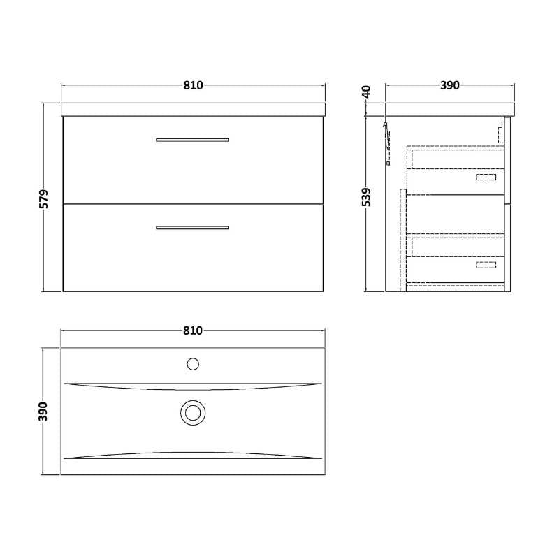 Nuie Arno Wall Hung 2 Drawer Vanity & Basin 1 (1 size, 9 colours) - Brand New Bathrooms