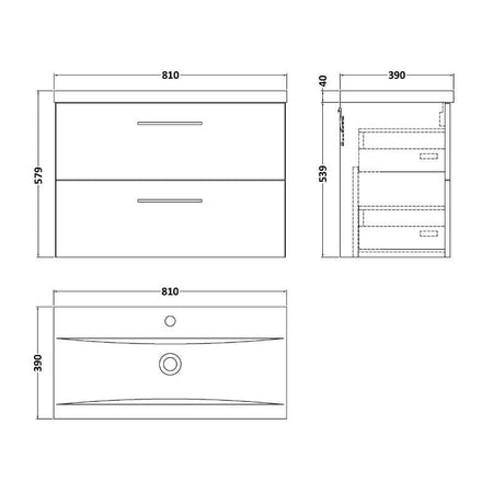 Nuie Arno Wall Hung 2 Drawer Vanity & Basin 1 (1 size, 9 colours) - Brand New Bathrooms
