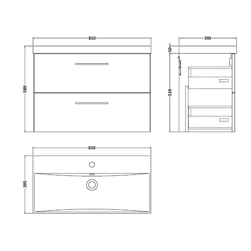Nuie Arno Wall Hung 2 Drawer Vanity & Basin 3 (1 size, 9 colours) - Brand New Bathrooms
