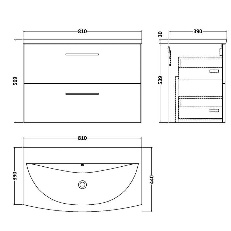 Nuie Arno Wall Hung 2 Drawer Vanity & Basin 4 (1 size, 9 colours) - Brand New Bathrooms