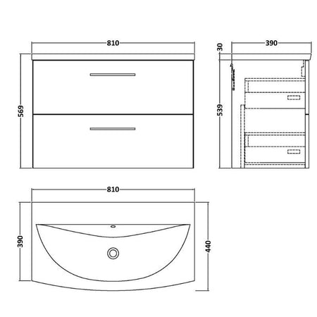 Nuie Arno Wall Hung 2 Drawer Vanity & Basin 4 (1 size, 9 colours) - Brand New Bathrooms