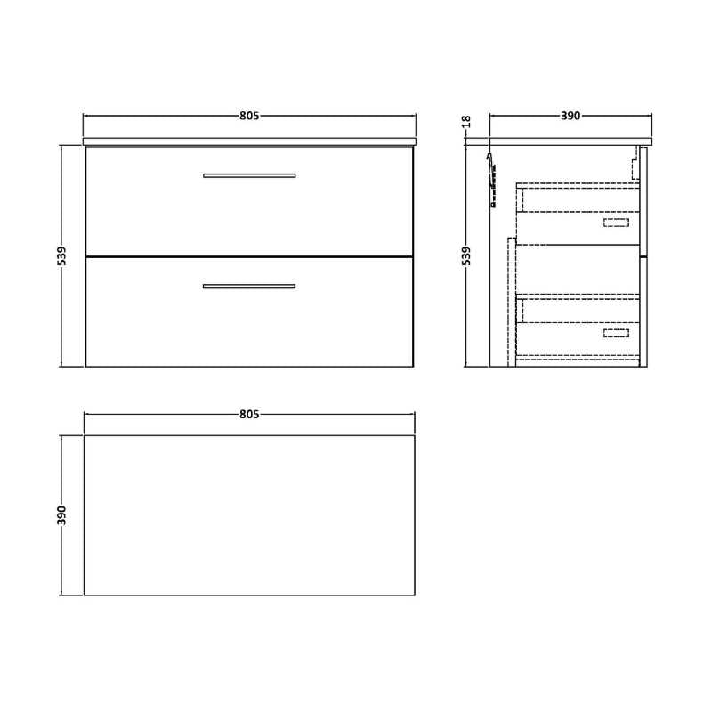 Nuie Arno Wall Hung 2 Drawer Vanity & Worktop (1 size, 9 colours) - Brand New Bathrooms