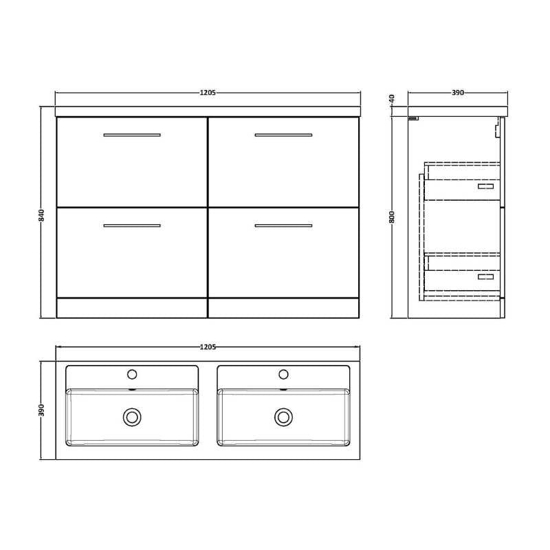 Nuie Arno Floor Standing 4 Drawer Vanity & Double Basin 1 (1 size, 9 colours) - Brand New Bathrooms