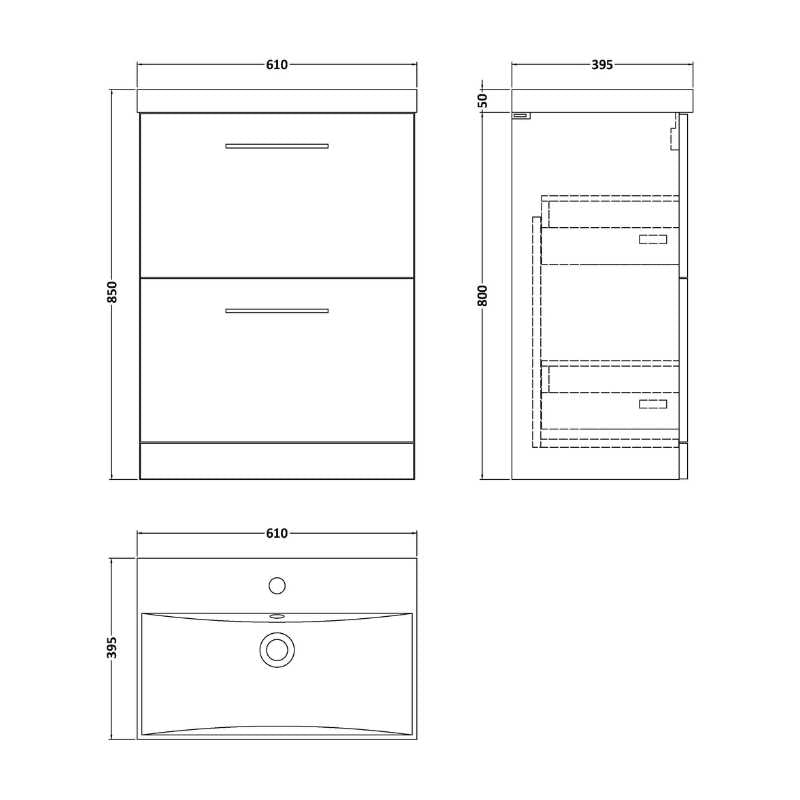 Nuie Arno Floor Standing 2-Drawer Vanity & Thin-Edge Basin (1 size, 9 colours) - Brand New Bathrooms