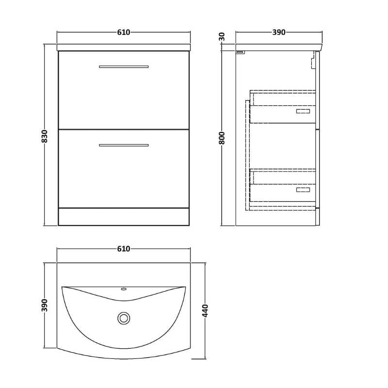 Nuie Arno Floor Standing 2 Drawer Vanity & Basin 4 (1 size, 9 colours) - Brand New Bathrooms
