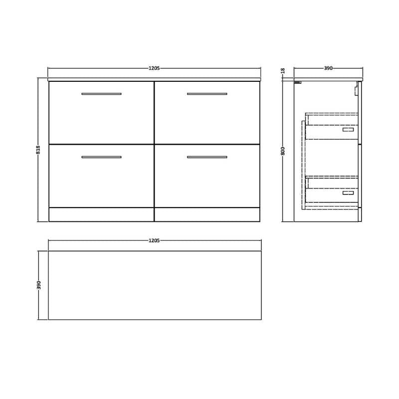 Nuie Arno Floor Standing 4 Drawer Vanity & Worktop (1 size, 9 colours) - Brand New Bathrooms
