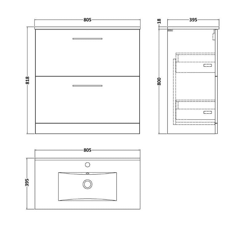 Nuie Arno Floor Standing 2 Drawer Vanity & Basin 2 (1 size, 8 colours) - Brand New Bathrooms