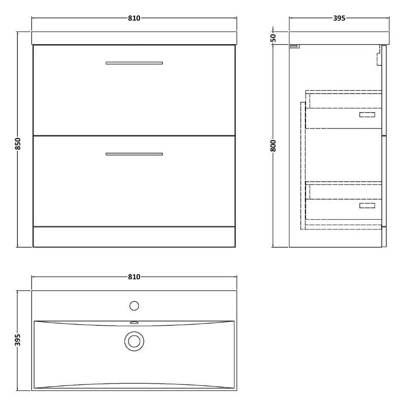 Nuie Arno Floor Standing 2 Drawer Vanity & Basin 3 (1 size, 9 colours) - Brand New Bathrooms