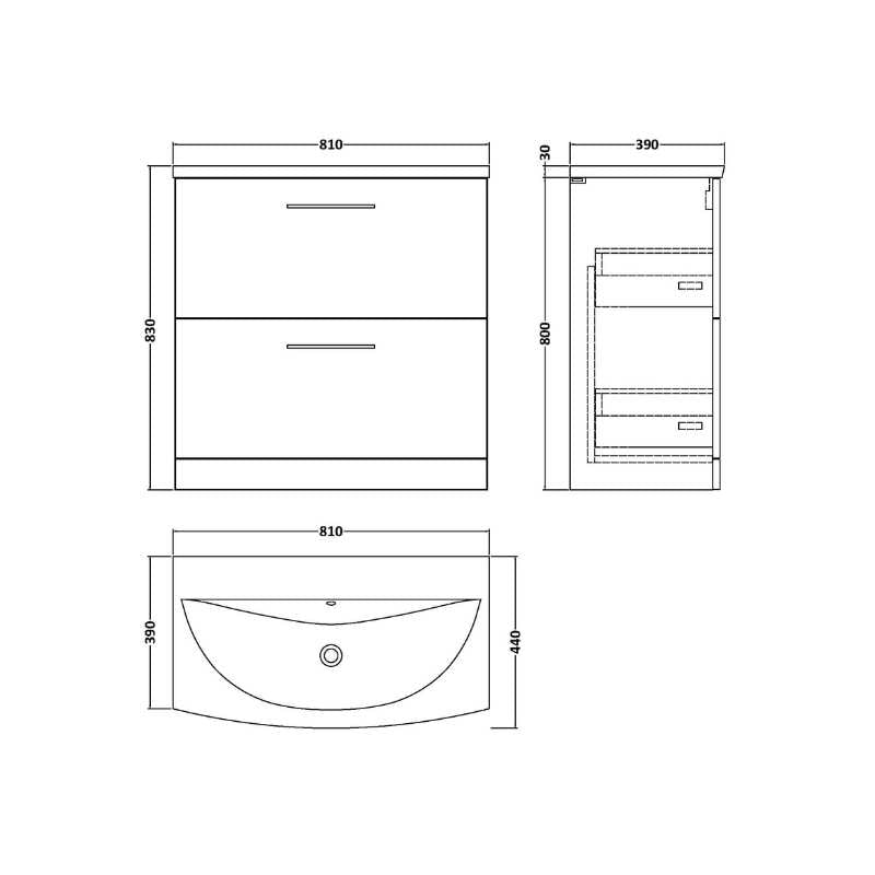 Nuie Arno Floor Standing 2 Drawer Vanity & Basin 4 (1 size, 9 colours) - Brand New Bathrooms