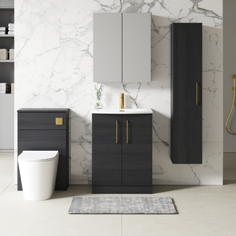 Nuie Arno 600mm Floor Standing 2-Door Vanity & Curved Basin 4 (1 size, Charcoal Black) - Brand New Bathrooms