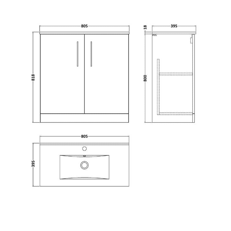 Nuie Arno Floor Standing 2-Door Vanity & Minimalist Basin (1 size, 9 colours) - Brand New Bathrooms