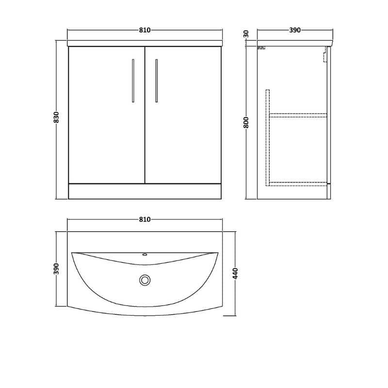 Nuie Arno Floor Standing 2-Door Vanity & Curved Basin (1 size, 9 colours) - Brand New Bathrooms