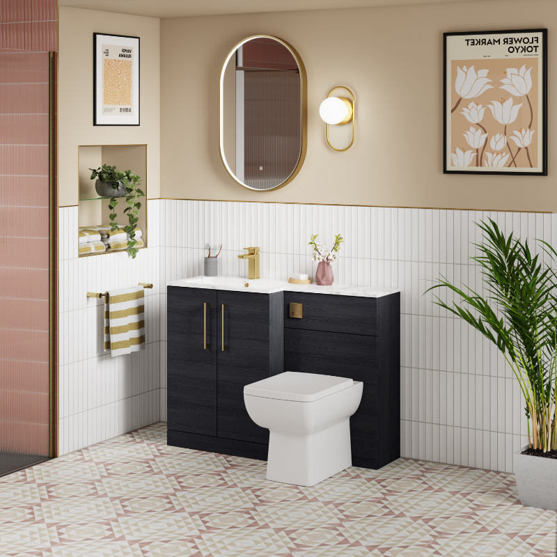 Nuie Arno Floor Standing 1100mm Left Hand Combination Vanity Unit (1 size, 2 style, Charcoal Black) - Brand New Bathrooms