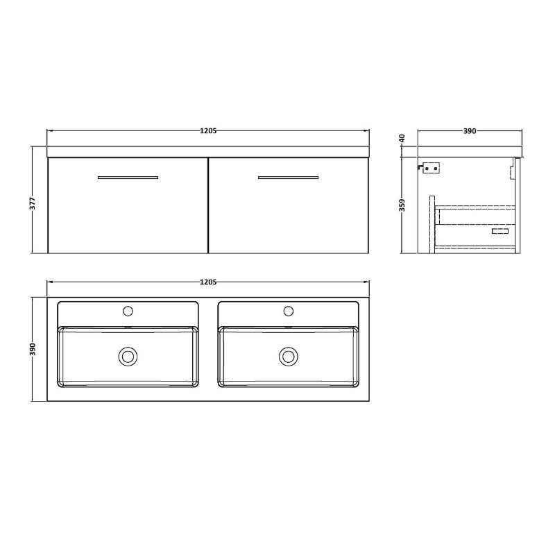 Nuie Arno Wall Hung 2 Drawer Vanity & Double Basin (1 size, 9 colours) - Brand New Bathrooms