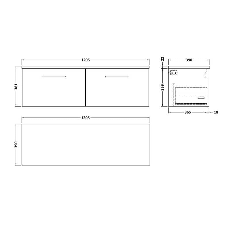 Nuie Arno Wall Hung 2-Drawer Vanity & Laminate Worktop (1 size, 8 colours) - Brand New Bathrooms