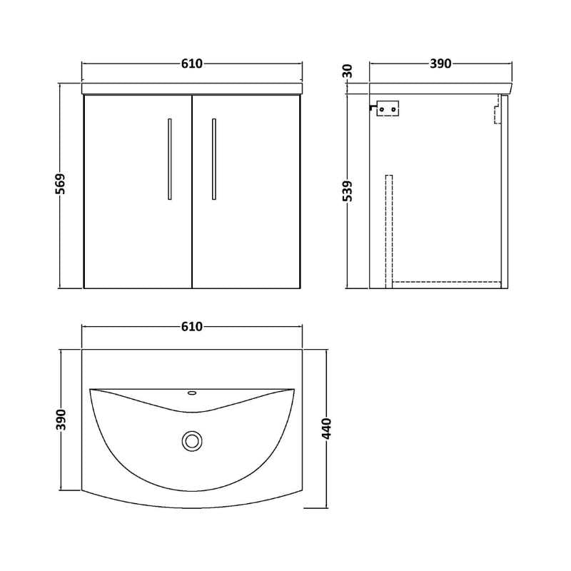 Nuie Arno Wall Hung 2-Door Vanity & Curved Basin (1 size, 8 colours) - Brand New Bathrooms