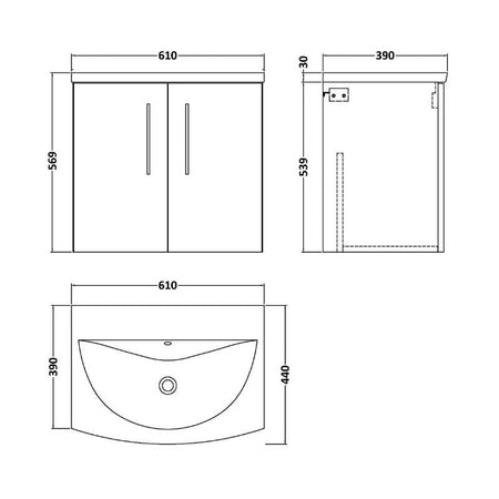 Nuie Arno Wall Hung 2-Door Vanity & Curved Basin (1 size, 8 colours) - Brand New Bathrooms