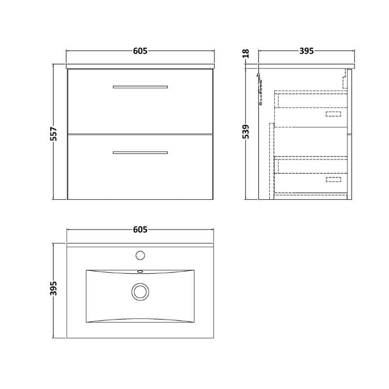 Nuie Arno Wall Hung 2 Drawer Vanity & Basin 2 (1 size, 9 colours) - Brand New Bathrooms