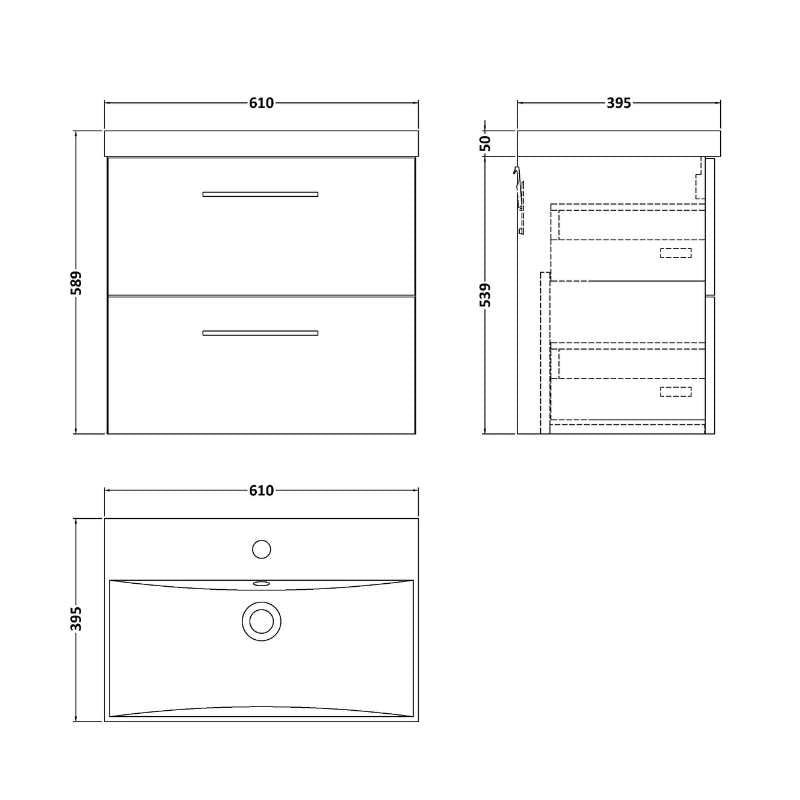 Nuie Arno Wall Hung 2 Drawer Vanity & Basin 3 (1 size, 9 colours) - Brand New Bathrooms