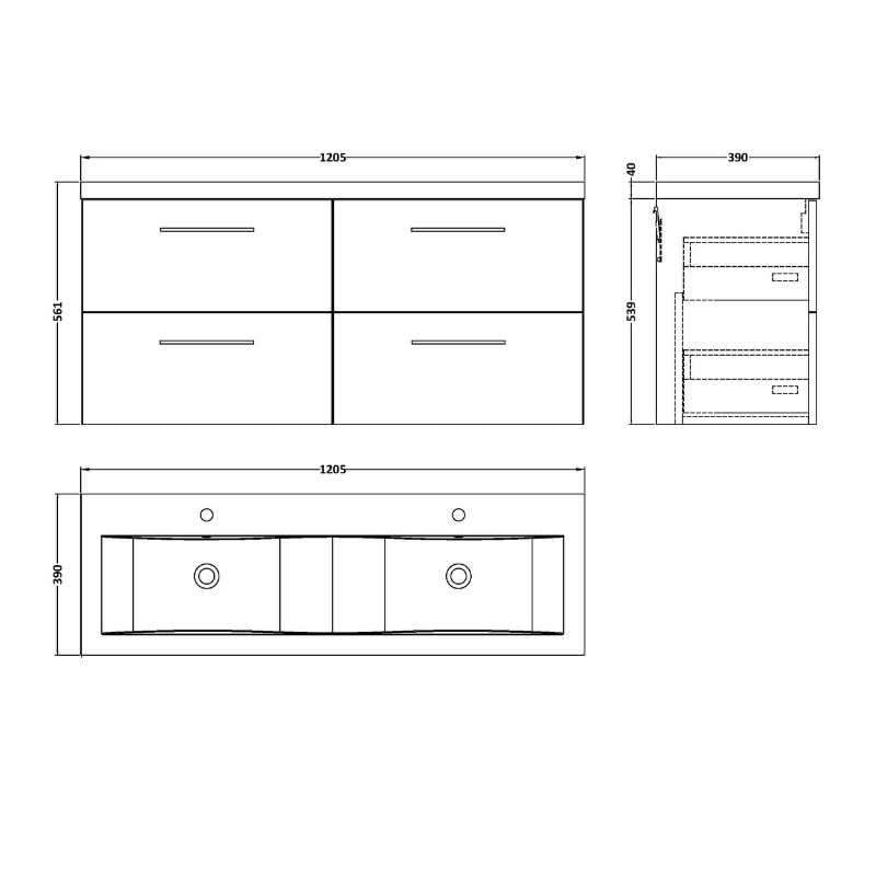 Nuie Arno Wall Hung 4 Drawer Vanity & Double Basin (1 size, 9 colours) - Brand New Bathrooms