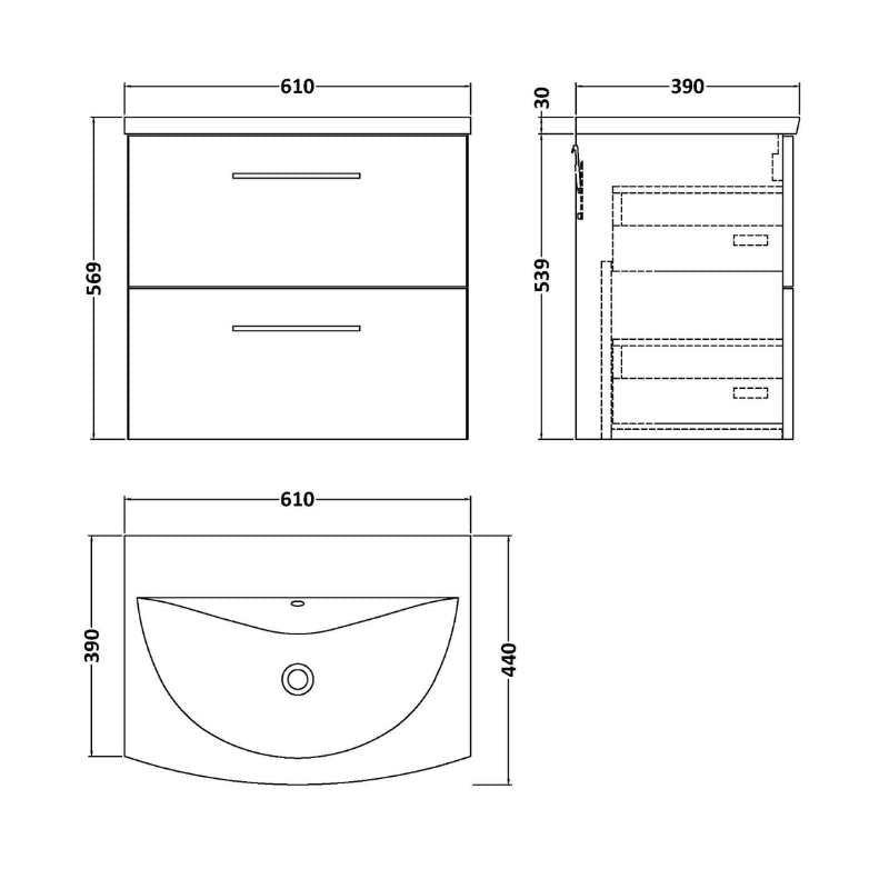Nuie Arno Wall Hung 2 Drawer Vanity & Basin 4 (1 size, 9 colours) - Brand New Bathrooms