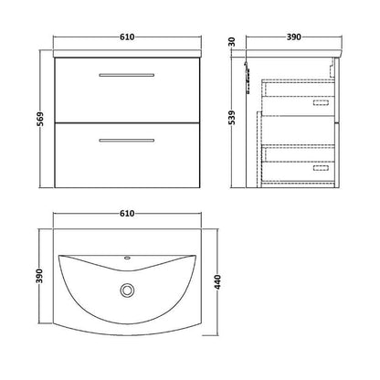 Nuie Arno Wall Hung 2 Drawer Vanity & Basin 4 (1 size, 9 colours) - Brand New Bathrooms