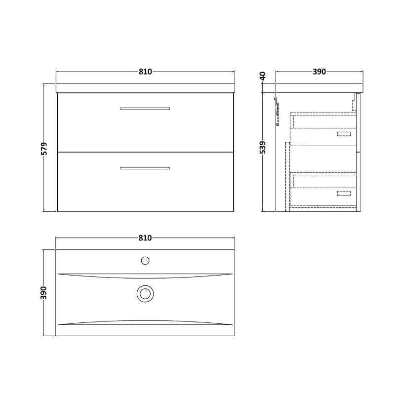 Nuie Arno Wall Hung 2 Drawer Vanity & Basin 1 (1 size, 9 colours) - Brand New Bathrooms