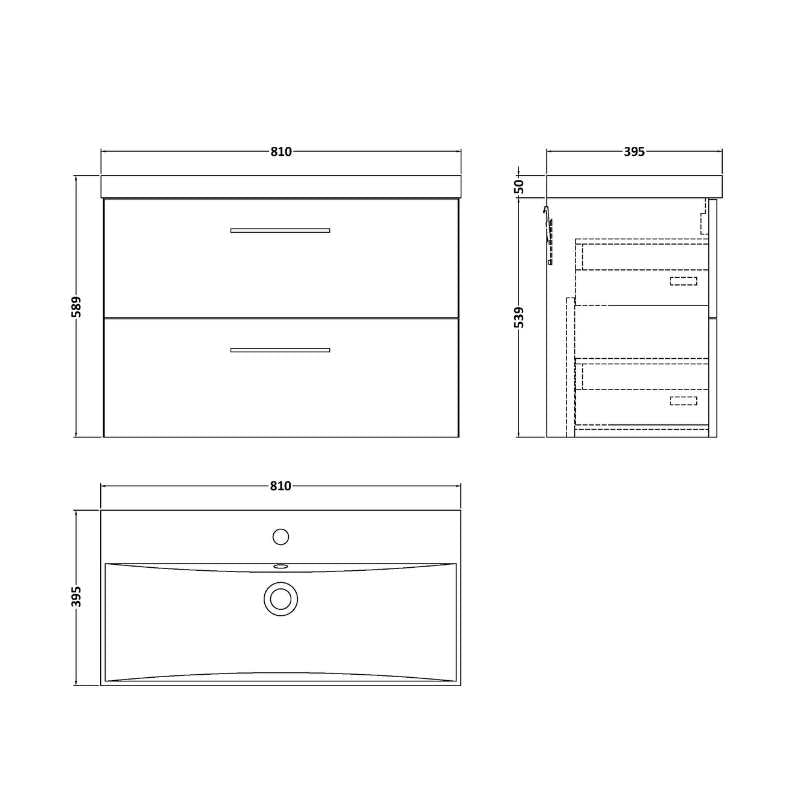 Nuie Arno Wall Hung 2 Drawer Vanity & Basin 3 (1 size, 9 colours) - Brand New Bathrooms