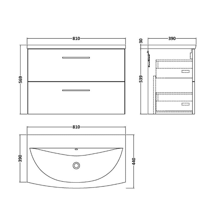 Nuie Arno Wall Hung 2 Drawer Vanity & Basin 4 (1 size, 9 colours) - Brand New Bathrooms